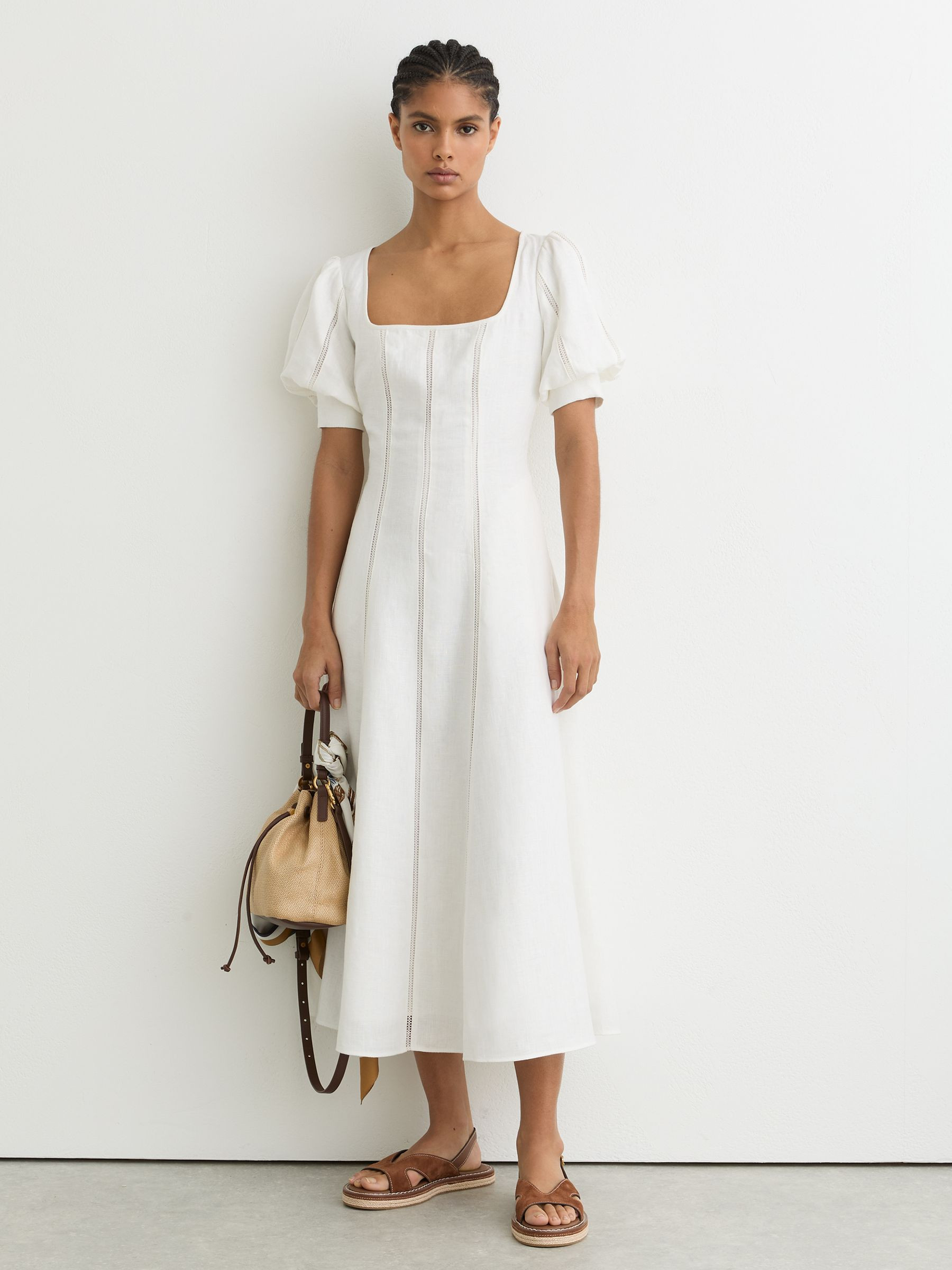 Reiss Linen Puff-Sleeve Embroidered Midi Dress in Ivory | REISS | Reiss US