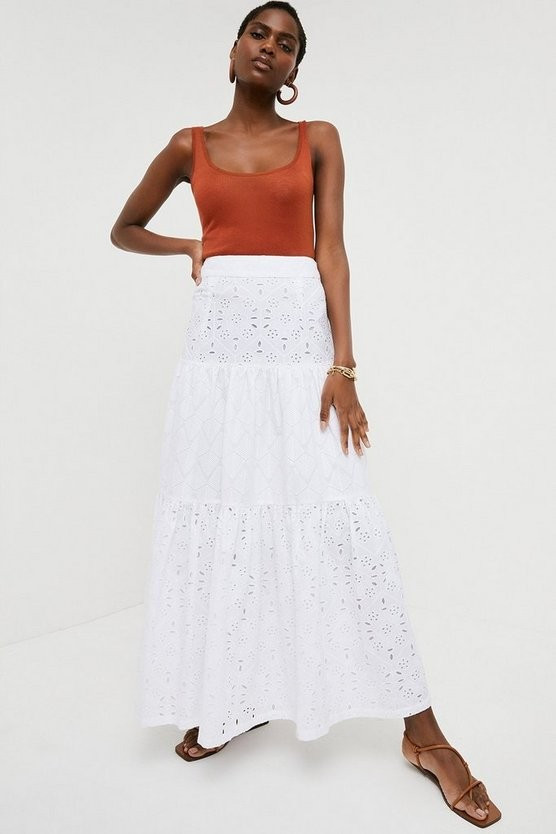 Mixed Broderie Tiered Woven Maxi Skirt | Karen Millen UK & IE