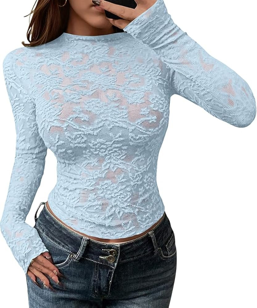 BTFBM Mesh Long Sleeve Tops for Women Lace Sexy Sheer See Through Crew Neck Tight Shirt Fall 2025... | Amazon (US)