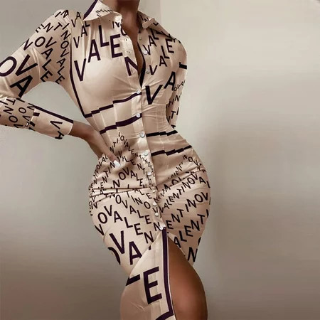 Njoeus Long Dresses for Women Formal Womens Party Dress Women Dress Turn-Down Neck Long Sleeve Print Draw Back Shirt Buttons Dress | Walmart (US)