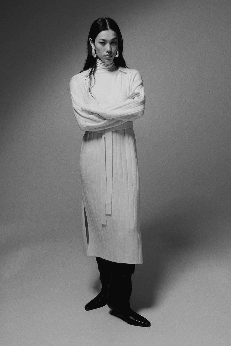 Rib-knit Dress with Collar - Long sleeve - Midi - Cream - Ladies | H&M US | H&M (US + CA)