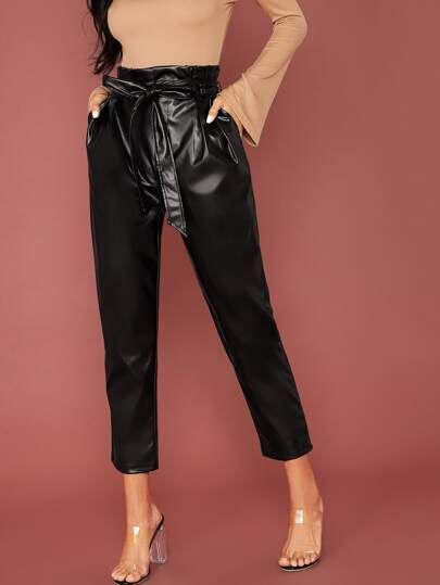 SHEIN Paperbag Waist Belted PU Leather Cropped Pants | SHEIN