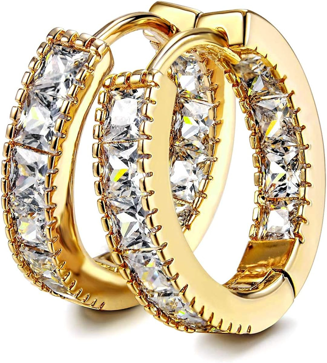 Kainier CZ Hoop Earrings with Cushion Cut Cubic Zirconia 14K White Gold Plated Ear Cuff Huggie Ea... | Amazon (US)