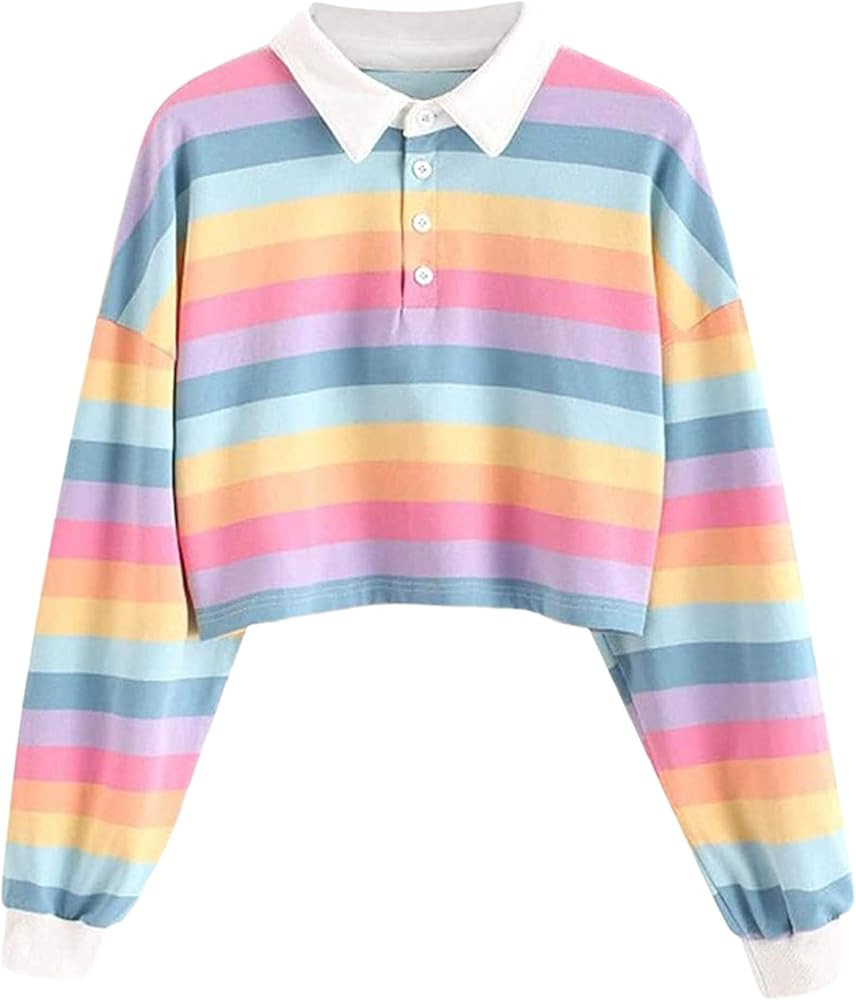 Remidoo Women's Striped Crop Top Sweatshirt Long Sleeve Collared Half Button Pullover Rainbow Shi... | Amazon (US)