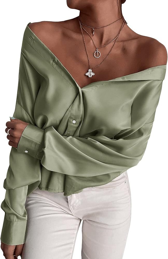 SweatyRocks Women's Long Sleeve Button Down Collared Tunic Blouse Shirt Top | Amazon (US)