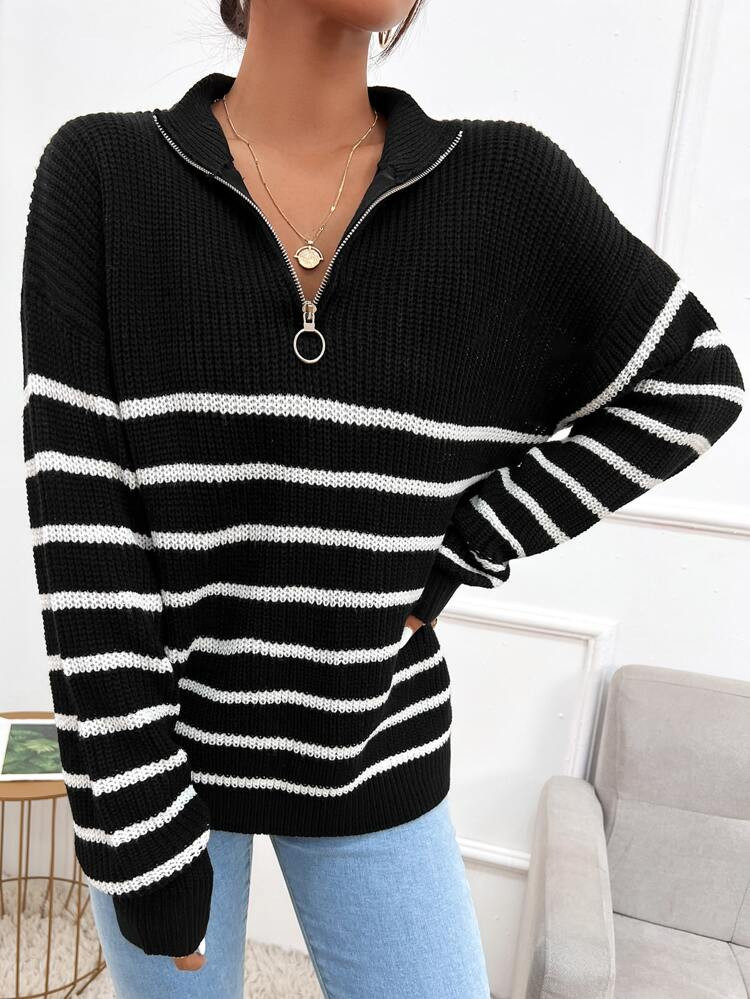 Striped Drop Shoulder Zipper Front Sweater | SHEIN