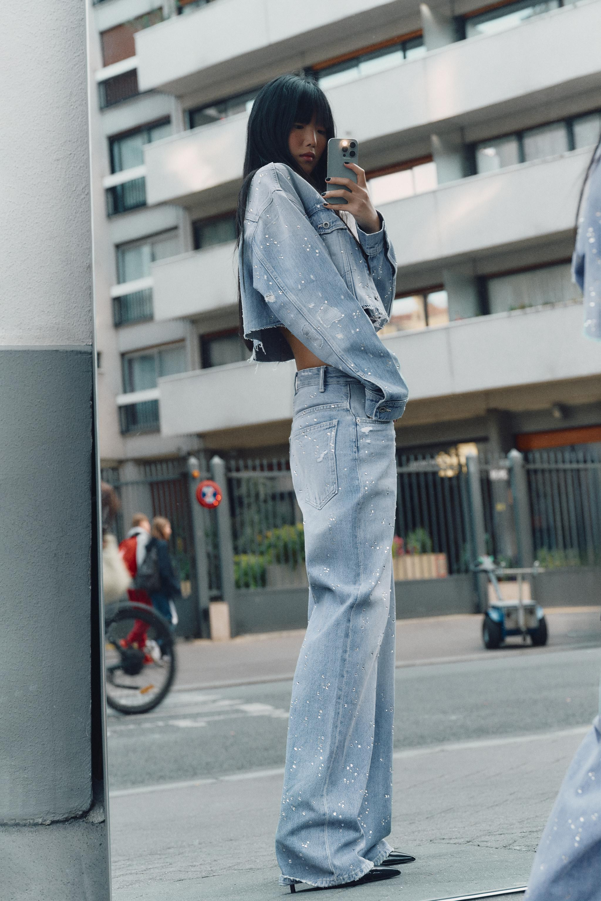 TRF HIGH-WAISTED STRAIGHT-LEG RHINESTONE JEANS | Zara US