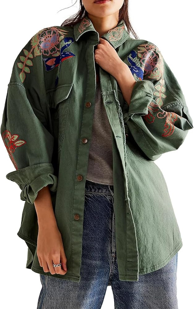 Womens Oversized Button Down Blouses Trendy Floral Embroidered Long Sleeve Collared Fall Casual S... | Amazon (US)