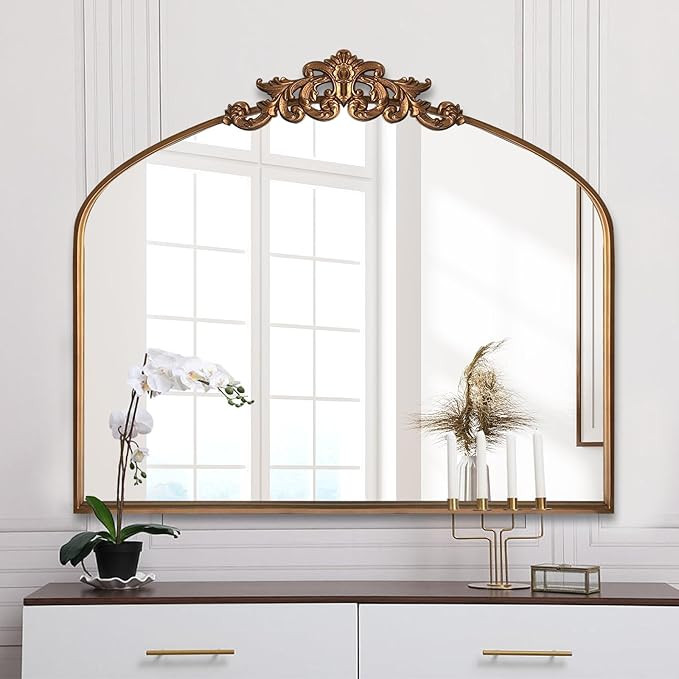 Gold Traditional Arched Mirror, Antique Brass Mirror, Ornate Baroque Mirror, Vintage Carved Mante... | Amazon (US)