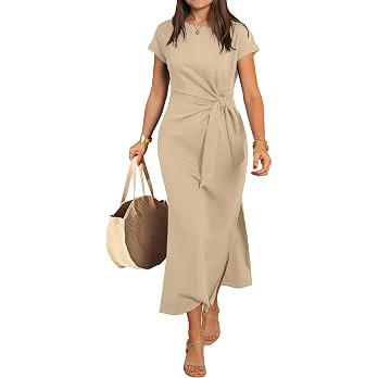 ANRABESS Womens Summer Maxi Dress Casual Crew Neck Tie Waist Split Wrinkle-Free Fit Long Fashion ... | Amazon (US)