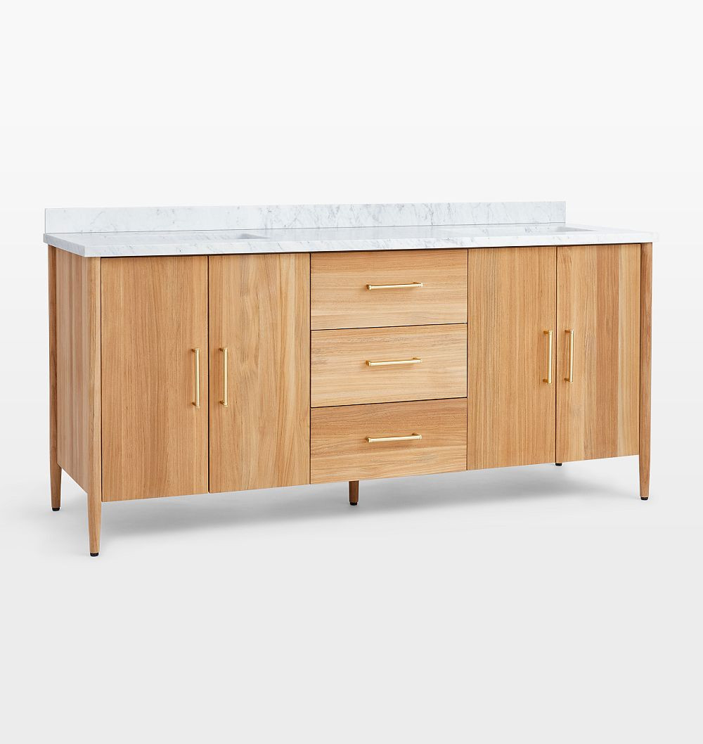 Shaw 72"" Teak Double Vanity , 72"" - Carrara Marble - West Slope 6"" - Aged Brass | Rejuvenation