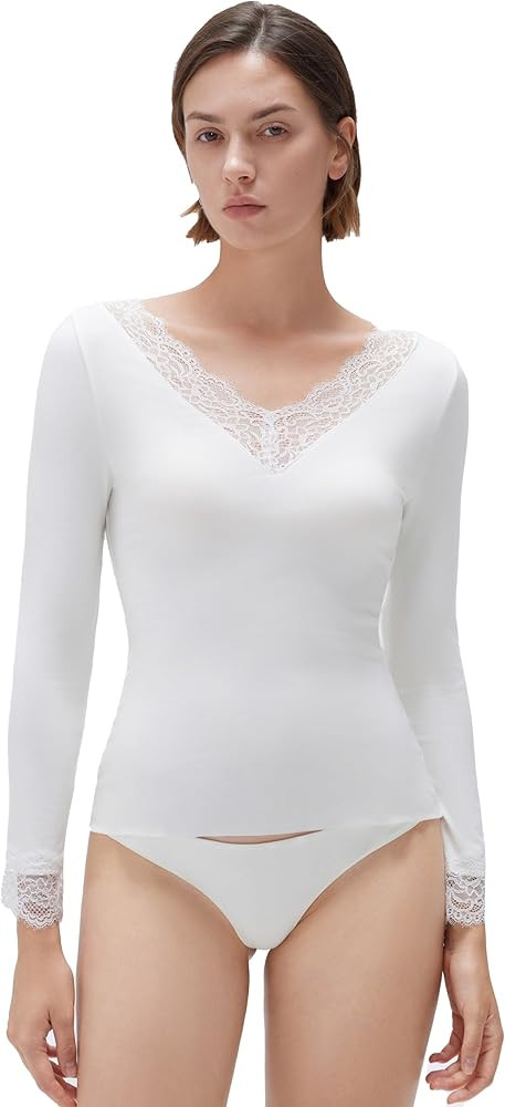 SUUKSESS Cloud Cashmere Women Basic Tops V Boat Neck Lace Long Sleeve Shirt | Amazon (US)
