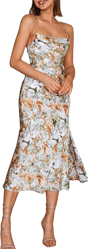 Women's Sleeveless Spaghetti Strap Satin Wedding Guest Party Dress Cocktail Evening Cowl Neck Bac... | Amazon (US)