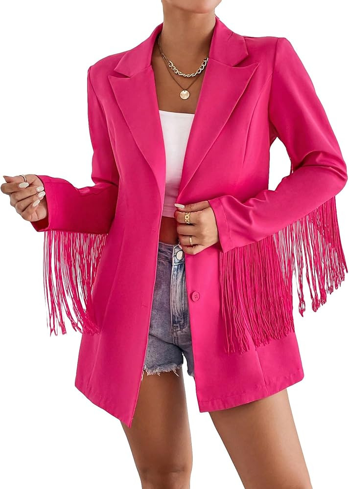 WDIRARA Women's Fringe Trim Button Front Long Sleeve Lapel Neck Party Blazer | Amazon (US)