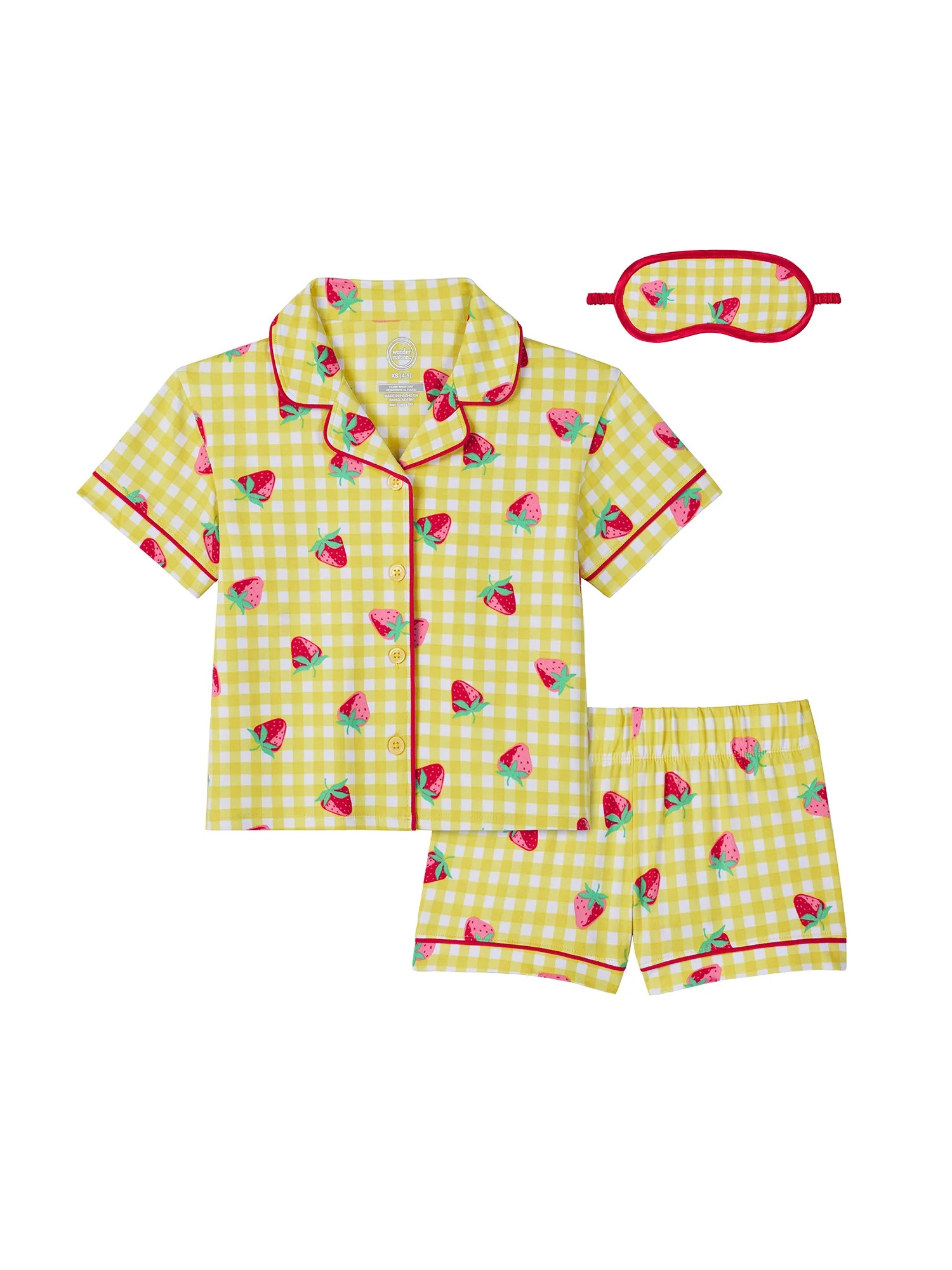 Wonder Nation Girls Short Sleeve Button Front Pajama Top and Shorts Set with Eyemask, 3-Piece, Si... | Walmart (US)