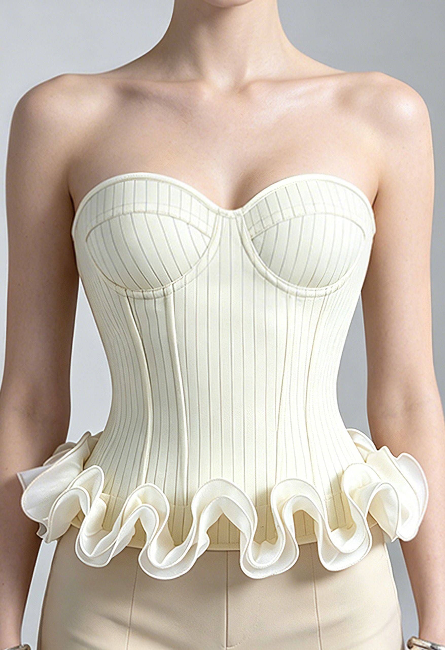 Pinstripe Ruffled Hem Strapless Corset Top for Rehearsal Dinners & Bridal Events | Chicwish