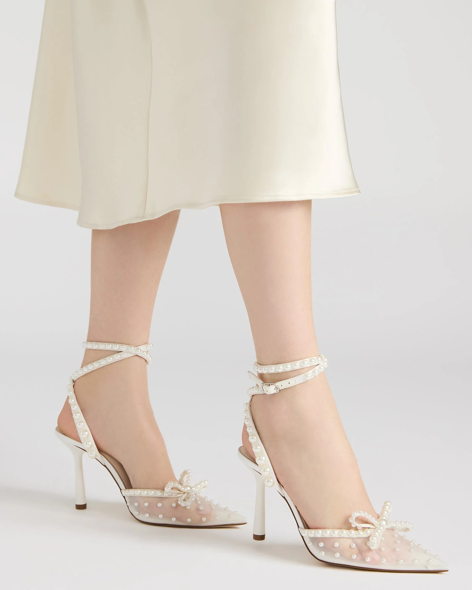 VAL Mesh Ivory Pointed-Toe Strappy Mesh Pearl Pump Women's Heels | Steve Madden (US)