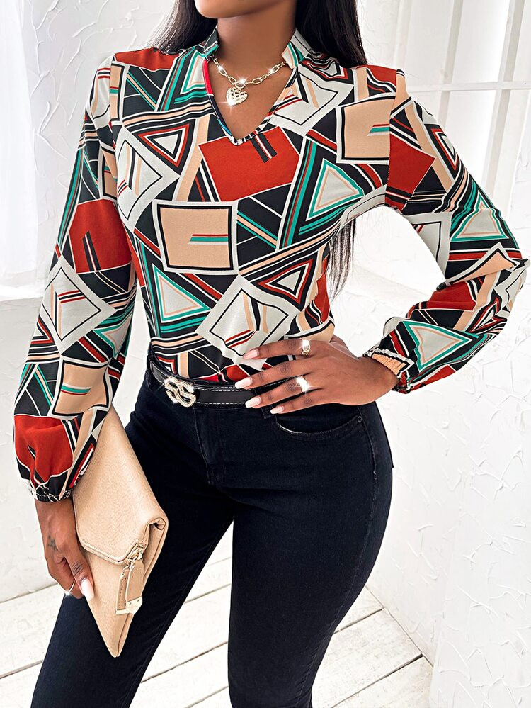 Geo Print Notch Neck Blouse | SHEIN