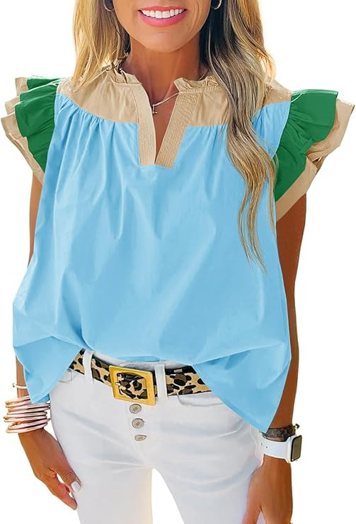 Tankaneo Womens Ruffle Color Block Tank Tops Summer Casual Dressy V Neck Pleated Blouse Loose Fit... | Amazon (US)