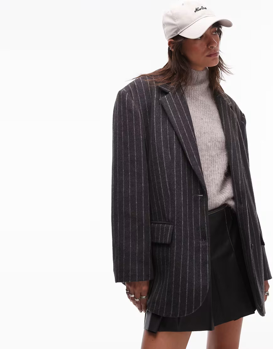 Topshop brushed wool look pinstripe blazer coat in charcoal-Grey | ASOS (Global)