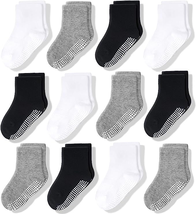 CozyWay Non Slip Toddler Socks 12 Pairs with Grip for Boys Girls Baby Infants Kids Anti Skid Cott... | Amazon (US)