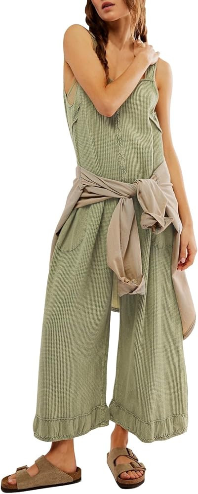 Ladyful Women's Summer Wide Leg Overalls Casual Loose Sleeveless Jumpsuits Waffle Backless Tank R... | Amazon (US)