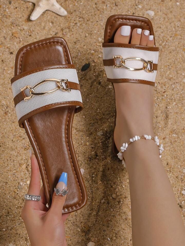 Fashionable Slide Sandals For Women, Colorblock Metal Decor Single Band Flat Sandals | SHEIN