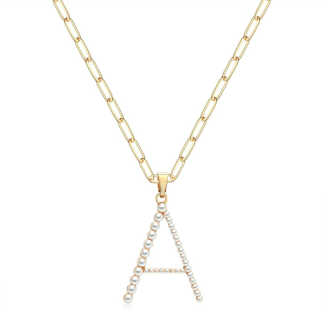 XOCARTIGE Pearl Initial Necklace Personalized 18K Gold Plated Paperclip Chain Letter Choker Necklace | Amazon (US)