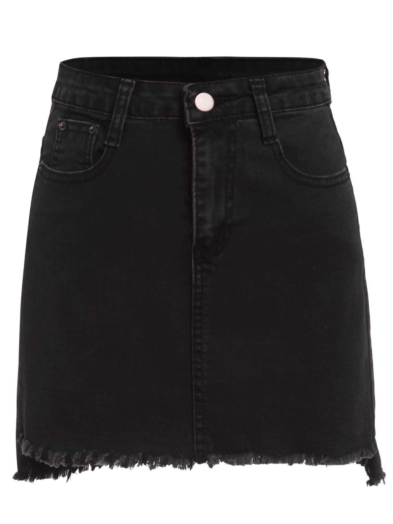 Black Raw Hem Denim Skirt | ROMWE