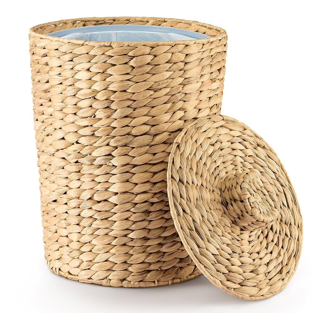 4 Gallons Wicker Waste Basket - Water Hyacinth Bathroom Garbage Can with a Lid - Bathroom Trash C... | Amazon (US)