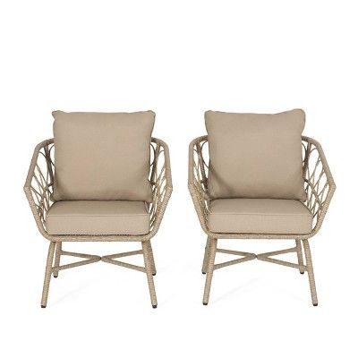 2pk Bruce Outdoor Iron/Rattan Club Chairs with Cushions Brown/Beige - Christopher Knight Home | Target