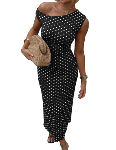 BISUAL Polka Dot Dress for Women Black and White One Shoulder Sleeveless Slim Fit Maxi Dress Beach Vacation Long Sundresses | Amazon (US)