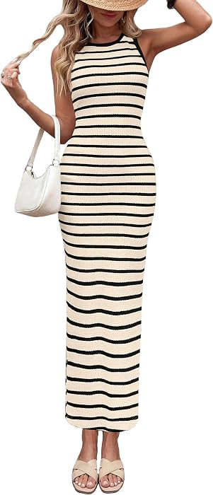 PRETTYGARDEN Women's Summer Striped Bodycon Maxi Dress | Amazon (US)