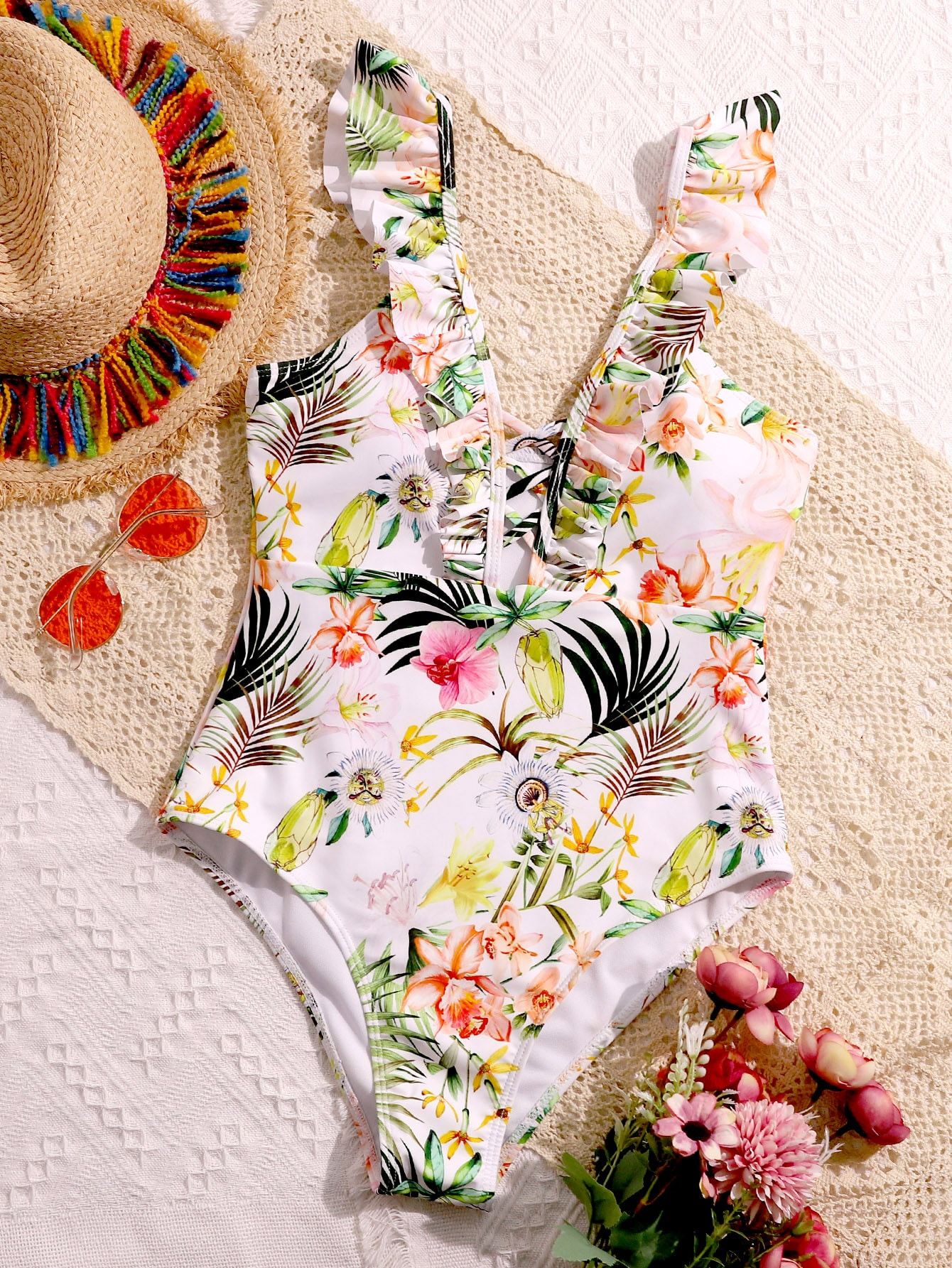 Plant Print Ruffle One Piece Swimsuit | SHEIN