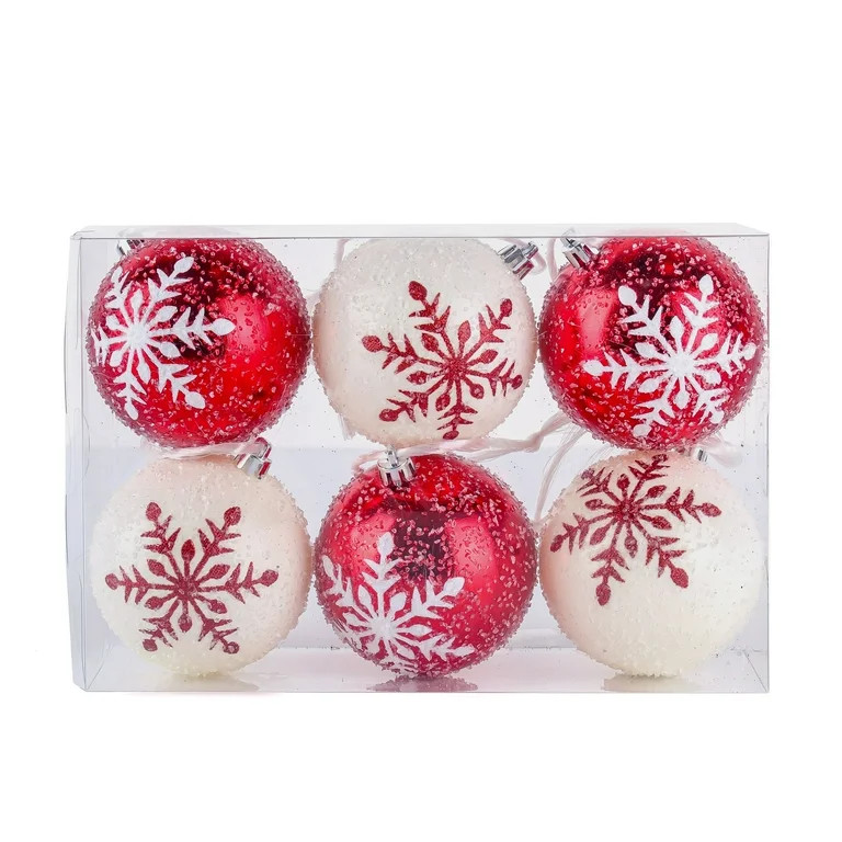 National Tree Company Christmas Ornaments, Red, White, Snowflake, Glitter, Shatterproof, Set of 6 | Walmart (US)