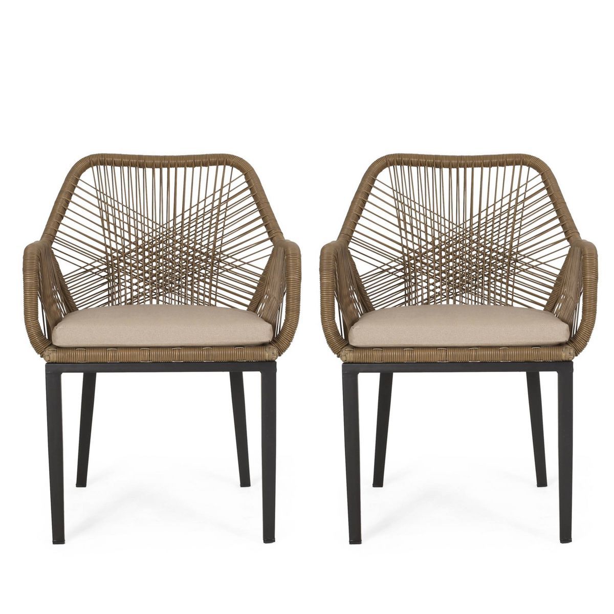 2pk Russel Outdoor Wicker Dining Chairs with Cushions Light Brown/Beige - Christopher Knight Home | Target