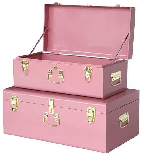 Vixdonos Decorative Large Metal Box Storage Trunk Chest Set of 2 College Dorm Organizer with Hardware Hasps and Handle for Home Deocr,23.7X14.2X9.5 Inches,Deep Pink | Amazon (US)