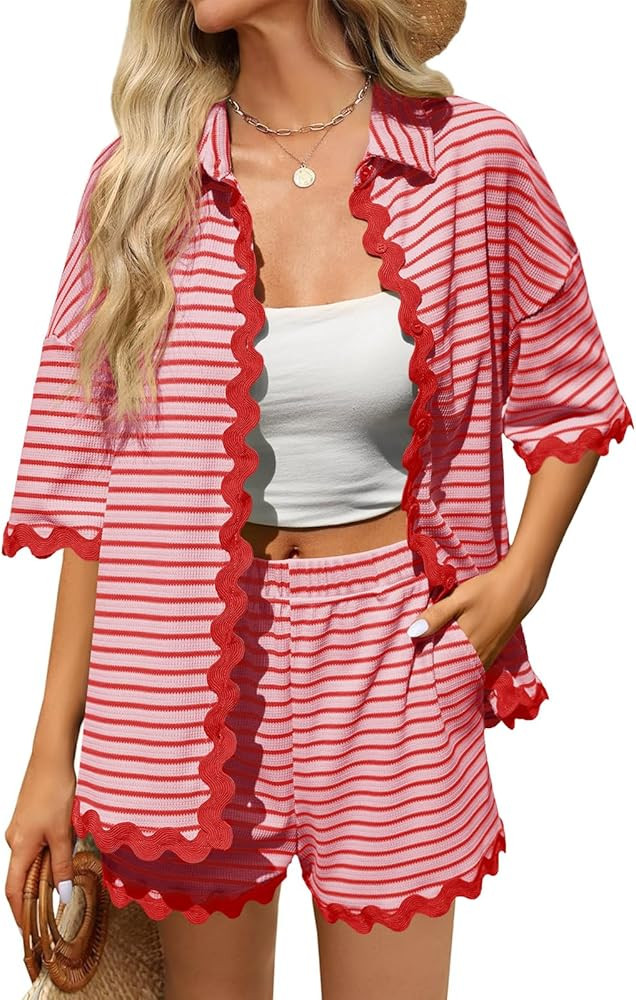 Tankaneo Womens 2 Piece Lounge Set Striped Outfits Short Sleeve Button Down Shirts and Shorts Sum... | Amazon (US)