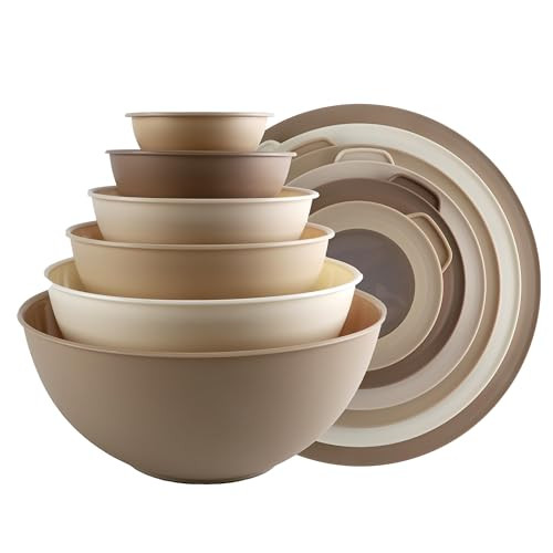 COOK WITH COLOR Mixing Bowls with TPR Lids - 12 Piece Plastic Nesting Bowls Set includes 6 Prep Bowls and 6 Lids, Microwave Safe (Brown) | Amazon (US)