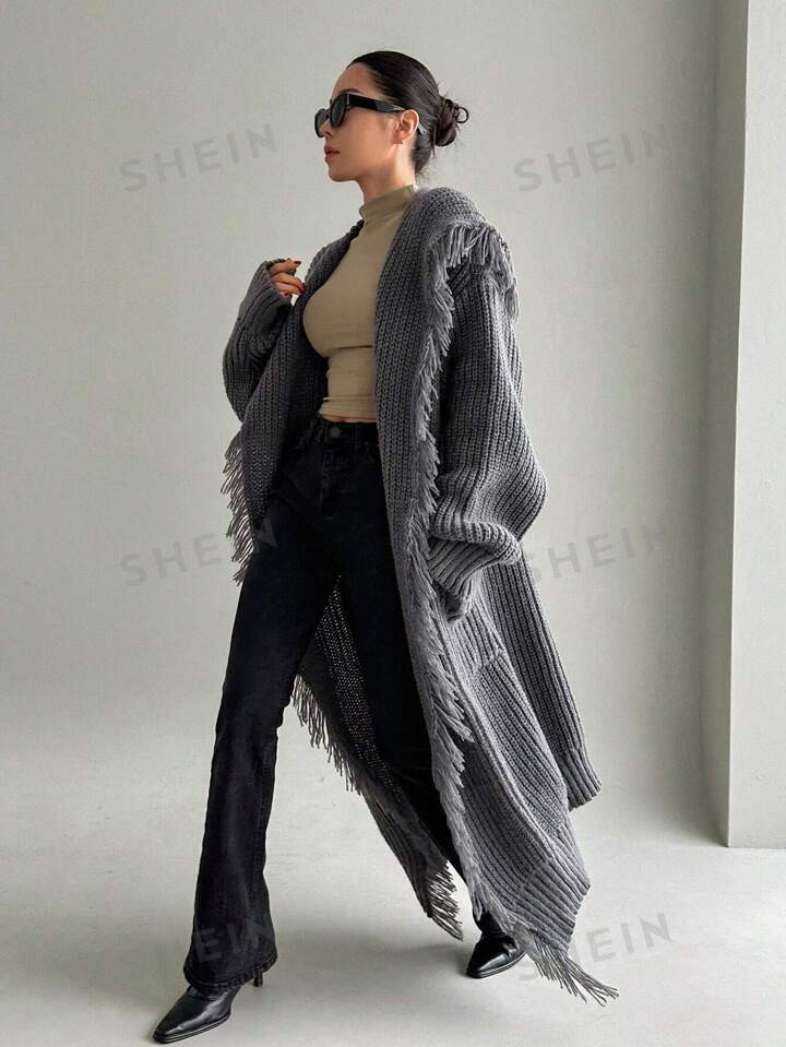 Dazy Star Effen kleur Lang Cardigans Met Groot Revers En Franje Zoom | SHEIN  Nederland | SHEIN