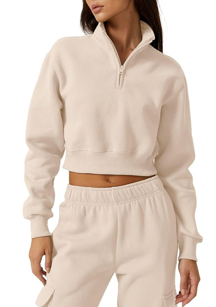 QINSEN Womens Half Zip Crop Sweatshirt High Neck Long Sleeve Pullover Cropped Top | Amazon (US)