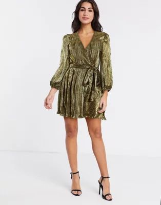 Bardot pleated mini dress with sleeve drama in gold | ASOS (Global)