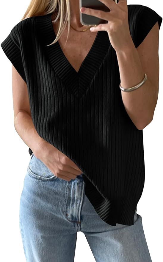 Saodimallsu Womens V Neck Sweater Vest Oversized Ribbed Knit Sleeveless Casual Loose Fit Pullover... | Amazon (US)