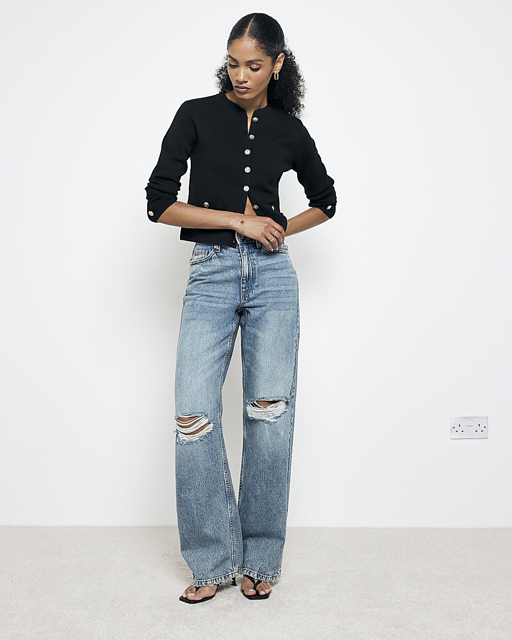 Blue high waisted relaxed straight rip jeans | River Island (UK & IE)