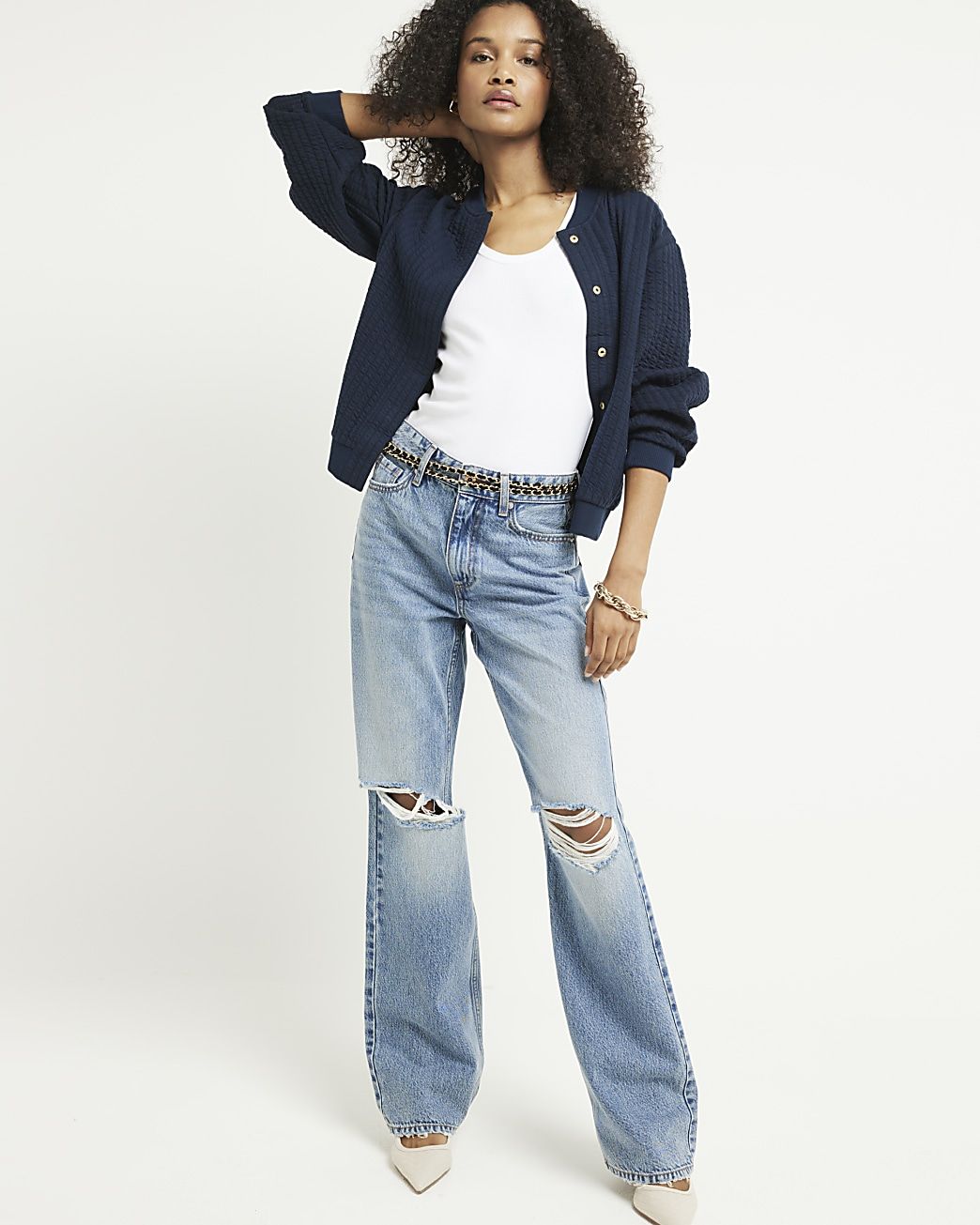 Blue high waisted relaxed straight rip jeans | River Island (UK & IE)