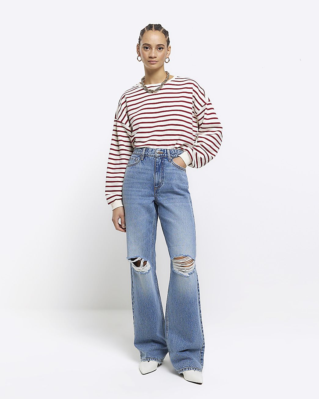 Blue high waisted relaxed straight rip jeans | River Island (UK & IE)