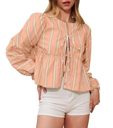 calbatic Women Striped Tie Front Top Puff Sleeve Peplum Blouse Shirt Loose Oversized Ruffle Spring Summer Going Out Outfit Orange | Amazon (US)