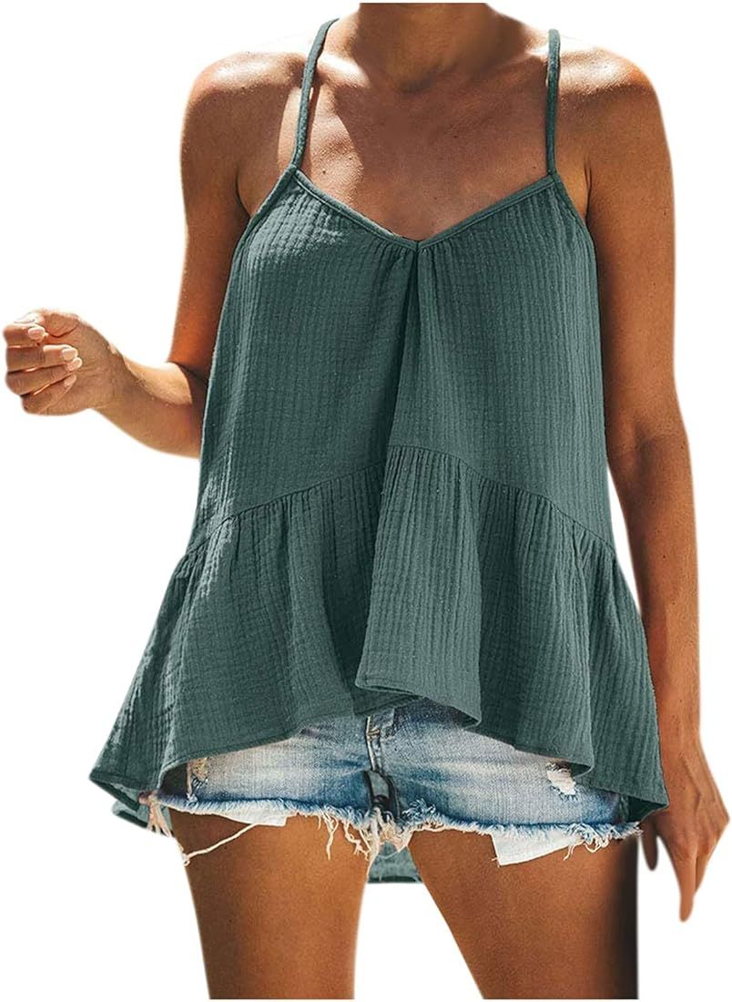 Women's Summer Tank Tops Spaghetti Strap Loose Top Halter V Neck Ruffle Flowy Shirt Tunic Tops Ca... | Amazon (US)
