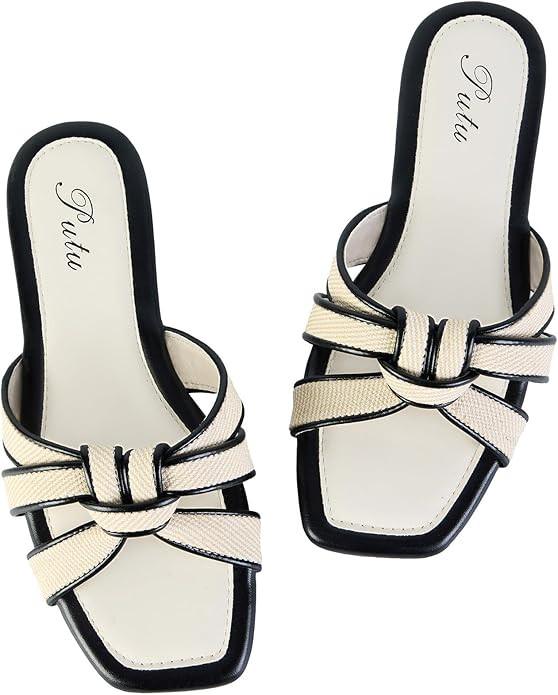 Putu Women's Flat Sandals Square Toe Slide Sandals Braided Sandals for Vacation | Amazon (US)