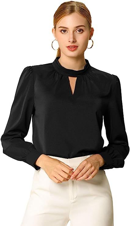 Allegra K Women's Work Office Shirt Keyhole Elegant Stand Collar Long Sleeve Chiffon Blouses | Amazon (US)